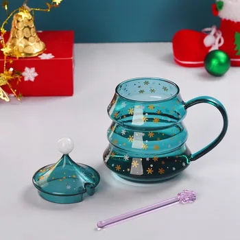 Noel Cam Bardak Kupa Isıya dayanıklı Yaratıcı Çift Katmanlı Cam Bardak Kahve kapaklı kupa Sevimli noel hediyesi Kahve Kupa