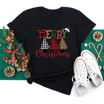 Leopar Merry Christmas Santa Şapka Baskı Kadın Giyim Siyah Kısa Kollu T Shirt Moda Yeni Yıl Tops