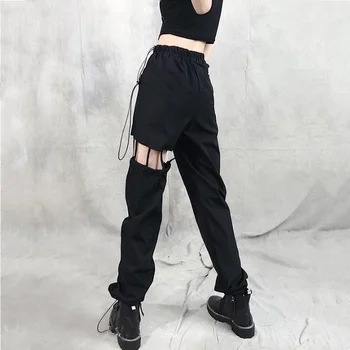 Pantolon Kadın Kargo Moda Punk Joggers Siyah Pantolon Harajuku Elastik Bel Streetwear Şık Eklenmiş Tasarım Hip Hop S-3XL Ins