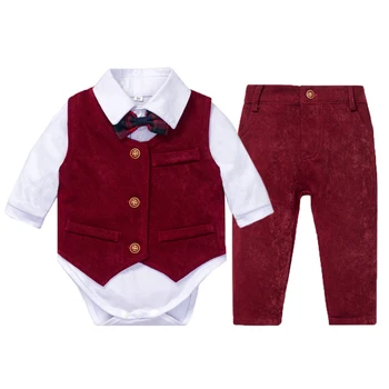 Erkek Giysileri Yeni Doğan Bebek Düğün Takım Elbise Beyaz Romper + Kırmızı Yelek + Pantolon 4 Adet Çocuklar Küçük Beyefendi Bebek Bahar Takım Elbise KB8040