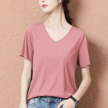 T-shirt Kadın Nefes Temel Tarzı Moda Vegan Rahat Bayan Gevşek Basit Zarif Tüm Maç Renkli V Yaka Serin Tatlı Ins