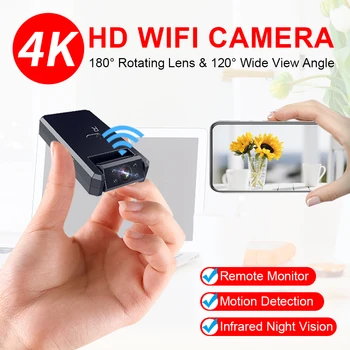 Mini Kamera Wifi 4 K HD Döndür 180 Derece Kablosuz Akıllı Ev Gece Görüş DVR Hareket Algılama Küçük Video IP Camcordesr