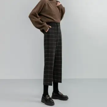 REALEFT 2021 Yeni Kış Vintage Ekose yün pantolon Moda Yüksek Bel Cepler Kalınlaşmak Sıcak Ayak Bileği Uzunluğu günlük pantolon Kadın