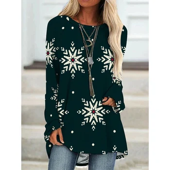 CLOOCL Kadın T-Shirt Sonbahar Kış Uzun Kollu Kazak Noel Ağacı Çizgili Grafik Baskı Tee Boy Şık Giyim
