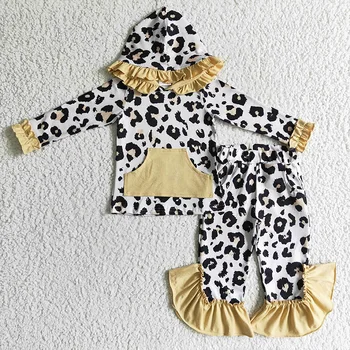 Bebek Kız Leopar Hoodie Kazak Toddler Uzun Kollu Cep Yeni Set Toptan Çocuklar Kapüşonlu Kıyafet Çocuk Pamuk Fırfır pantolon