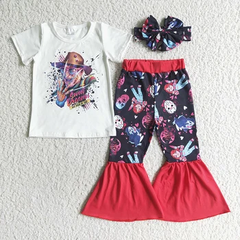 Moda Bebek Kız Cadılar Bayramı Yeni Giysileri Kısa Kollu Kafa Bandı Gömlek Çan Pantolon Toptan Bebek Kıyafet Çocuk Korku Giyim
