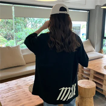 T-shirt Kadın Harajuku Süt Baskılı Kawaii BF Çift Elbise Unisex Gevşek Uzun Yaz Tee Üst Bayan Tişört Kore Tarzı Moda
