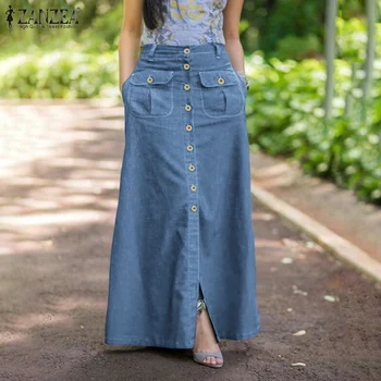 Bayan Denim Mavi Etekler ZANZEA 2022 Moda Uzun Mujer Faldas Kadın Streetwear Düğme Alt Rahat Bir Çizgi Etek