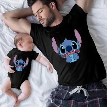 Disney Lilo ve Dikiş Tees Baba ve Oğul Aynı T Shirt Siyah Yaz Ohana Aile Eşleştirme Giyim Moda Harajuku Bebek Romper
