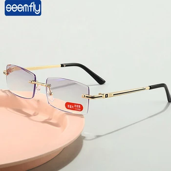 Seemfly + 1.0 1.5 4.0 Çerçevesiz okuma gözlüğü Erkekler Klasik Kare Anti Mavi Presbiyopik Titanyum Alaşımlı Iş Uzak görüş Gözlük
