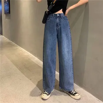 Feynzo Kadın Pantolon Kadın Kot Yüksek Bel Kot Pantolon Geniş Bacak Kot Giyim Mavi Kot Vintage Kalite Moda düz pantolon