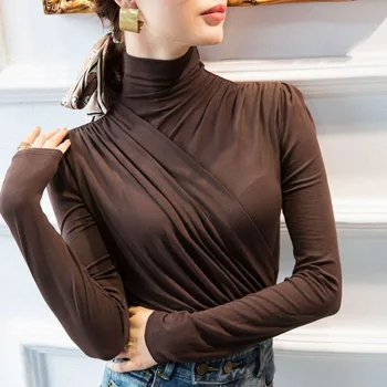 Lucyever Sonbahar Kadın Ince Uzun Kollu T-Shirt Seksi Slim Fit Balıkçı Yaka Dip Gömlek Kadın Zarif Kıvrımlar Elastik Bluzlar