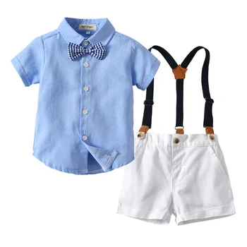 Erkek bebek Beyefendi Giysileri Set Yaz Takım Elbise Toddler Beyaz Gömlek papyon + Askı Şort Resmi Yenidoğan Erkek Giysileri