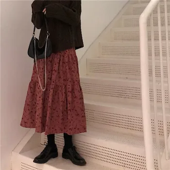 Kadife Yüksek Bel Kış Uzun Etekler A-line Kadınlar Çiçek Baskı Maxi Etek Kadın Vintage pilili Etek Sevimli Kız Streetwear
