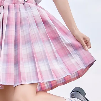 Yaz Japon Okulu Kız Askı Etek Kadın Kawaii Yüksek Bel Jk Lolita Cosplay Üniforma Takım Elbise Ekose Pilili Mini Etekler