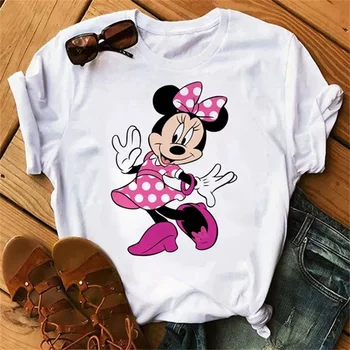 Moda Sevimli Disney Mickey Minnie Karikatür Grafik Baskı Kadın T-Shirt Casual O-boyun Kısa Kollu Streetwear Kadın Üstleri Tee