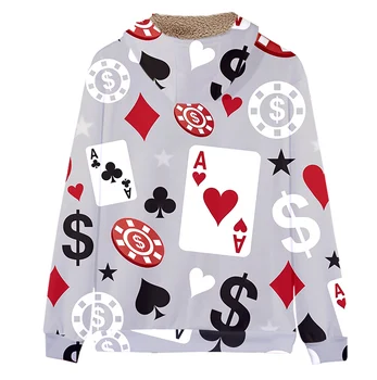 Erkek Termal büyük Boy Kış Polar Ceket 3D Poker Baskı Ceket Üniversite kadın Giysileri Streetwear çocuğun kapitone ısıtma üst
