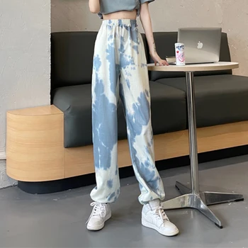 JMPRS Batik Kadın Sweatpants Moda Elastik Bel Kore Yaz Ince Ayak Bileği Uzunlukta Pantolon Jogger Casual Gevşek Kız Pantolon Yeni