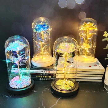 Fabrika Altın Yaprak Gül Çiçek Cam Kapak LED Lamba Simülasyon Çiçek sevgililer Günü Hediyesi Yaratıcı Hediye Dekorasyon Süsler