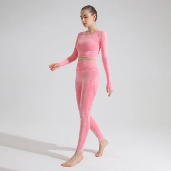 Yeni Kadın Yüksek Bel Dikişsiz Eşofman Şeftali Popo İnce Kalça Kaldırma Tayt Seksi Kırpma Üst Fitness Egzersiz Koşu Yoga Seti