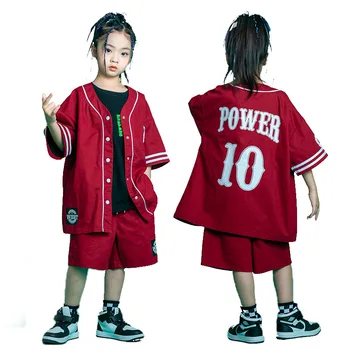 Çocuk Kpop Hip Hop Giyim Beyzbol Hırka Gömlek Üst Kırmızı Streetwear Kargo koşucu pantolonu Şort Kız Erkek Caz dans kostümü