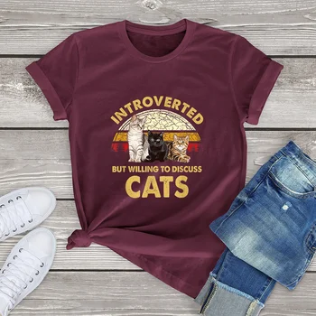 100 % Pamuk İçe Dönük Ama İstekli Tartışmak Kediler Komik Kedi Anne Retro erkek Yenilik T-Shirt Kadın Casual Streetwear Yumuşak Tee