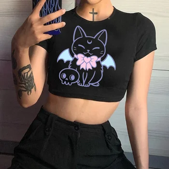 Pastel Goth t shirt peri grunge grafik kore moda kırpma üst kız peri grunge değersiz Kawaii yk2 kırpma üst kırpılmış