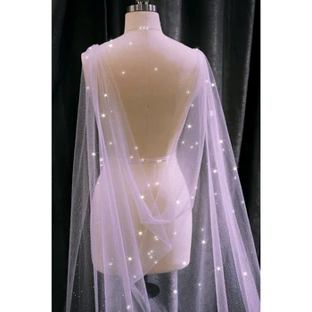Fildişi Sparkly Yıldızlı Tül Gelin Pelerin Peçe Düğün Omuz Veils Tarak ile Parlayan Gümüş Gevreği Katedrali Uzun Aksesuarları
