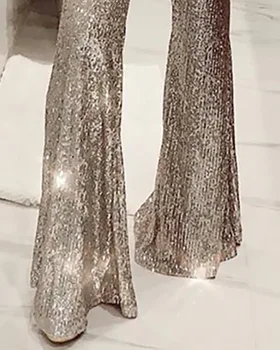 Wepbel Gümüş Yüksek Bel Sıkı Sequins Çan Alt Pantolon Kadınlar Yüksek Bel Flare Pantolon Moda Parti Giyim Pantolon