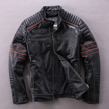 Siyah 100 % Doğal İnek Derisi Ceket Nakış Kafatası Motosiklet deri ceketler Erkekler Sonbahar Kış sıcak tutan kaban