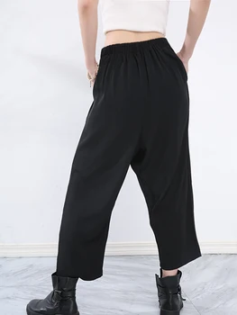 [EEM] Yüksek Elastik Bel Siyah Tek Düğme uzun Harem Pantolon Yeni Gevşek Fit Pantolon Kadın Moda İlkbahar Sonbahar 2023 1DD661401