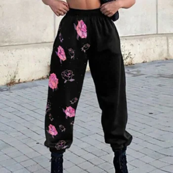 Kadın Gevşek Elastik Bel kalem pantolon Rahat Bahar Sonbahar Spor Baskılı Cepler Bayanlar Pantolon Basit Loungewear Streetwear