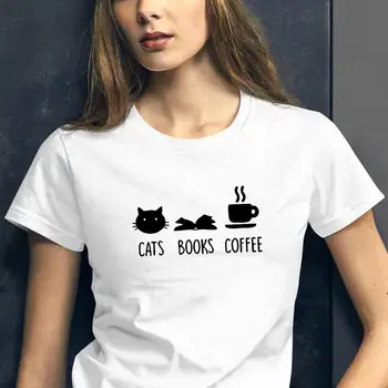Kediler Kitaplar Kahve T Shirt Kadın Grafik Tees Tumblr Streetwear pamuklu tişört Vintage Kahve Üstleri Sevimli Kedi Gömlek Damla nakliye