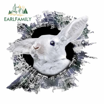 EARLFAMILY 13cm x 11.9 cm 3D Kırık Cam Beyaz Tavşan Pencere Sticker Tampon Kamyon Dekor Arka Cam Çatlak Tavşan Araba Çıkartmaları