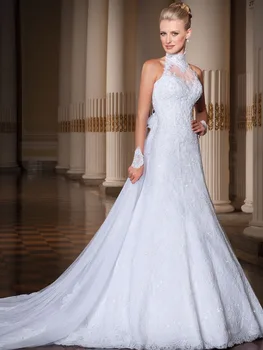 Custom Made vestido de noiva 2020 A-Line Yüksek Boyun Dantel düğün elbisesi Dantel Aplikler Gelin kıyafeti düğün elbisesi