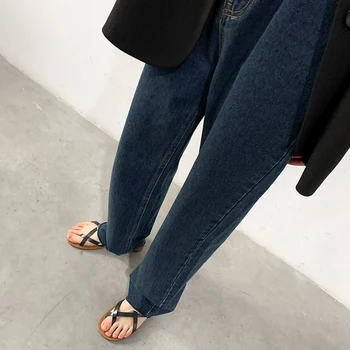 ŞIK VEN Kadın Kot Yüksek Bel Düz Gevşek Streetwear Kot Pantolon Koyu Mavi Geniş Bacak Kadın Pantolon Bayan İlkbahar Sonbahar 2022