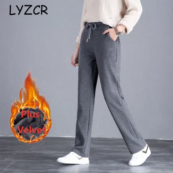 LYZCR Geniş Bacak Kış Sıcak Polar pantolon Kadın Artı Boyutu Kalın kadın kış pantolonları Kadife Düz Gevşek Bayanlar Pantolon Sonbahar