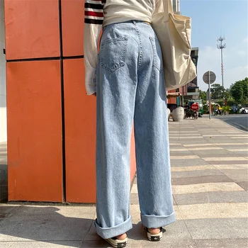 Kadın Kot Yüksek Bel Elbise Geniş Bacak Denim Giyim Mavi Streetwear Vintage Kalite Moda Harajuku düz pantolon