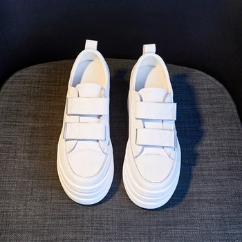 Kadın Düz platform ayakkabılar 2021 İlkbahar Sonbahar Hakiki Deri Kanca Döngü Kadın Beyaz Ayakkabı kadın ayakkabısı Gizli Topuk Ayakkabı