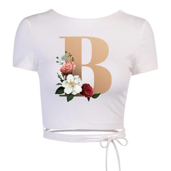 Bandaj Backless T Shirt Özel Ad Mektup Kombinasyonu Kırpma Üstleri Çiçek Mektup Yazı Tee Üst İnce Moda Kadın Gömlek