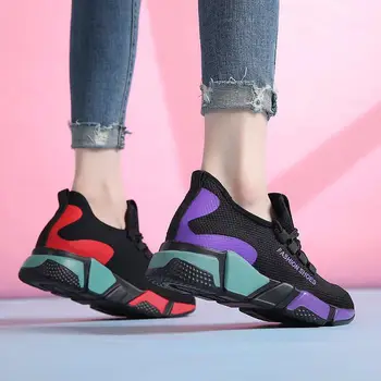 Moda Bayan koşu ayakkabıları Örgü Üst Nefes Açık Spor Ayakkabı Kadınlar için Hafif Rahat Yürüyüş Footwears Dantel-up