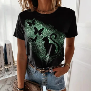 Hayvan T-Shirt Yuvarlak Boyun Rahat Üst Yaz Nefes Gömlek Bluzlar T-Shirt kadın Kediler Baskı Siyah Kawaii Kadın Giyim
