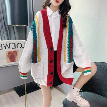 H.SA 2021 Yeni Kadın Bahar Hırka V boyun Kapalı Omuz Büyük Boy Kazak Ceket Kırmızı Üstleri Bükülmüş Örme Uzun Ceket Lolita Tops