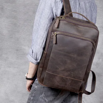 Vintage erkek Çılgın At Deri Sırt Çantası hakiki deri Retro Sırt Çantası Büyük Klasik seyahat sırt çantası Büyük dizüstü bilgisayar çantası