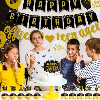13th Doğum Günü Süslemeleri, Resmi Genç Parti Malzemeleri için Erkek ve Kız Dahil Afiş, Kek Topper ve Balonlar