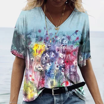 Renkli Çiçek kadın T-shirt V Yaka Pamuk Büyük Boy Rahat Kısa Kollu Üstleri 2022 Kadın Moda Harajuku Streetwear Tees