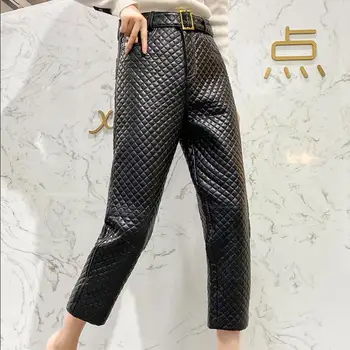 Gerçek deri pantolon elmas Ekleme kalın sıcak Hakiki koyun Deri pantolon kadın ince deri pantolon kemer ile F2154