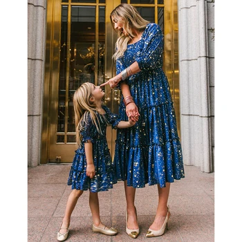2022 Yaz Anne Kızı Elbiseler Mavi Moda Patchwork Çiçek uzun elbise Parti Anne Ve Ben Elbise Aile Eşleştirme Giyim