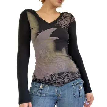 Kadın y2k T-shirt Sonbahar Kış 2022 Seksi İnce Üst Giyim Gotik Grafik Peri Estetik Vintage Uzun Kollu Üst Streetwear