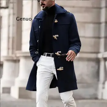 Uzun Yün Karışımı Ceket Moda Giyim Orta Uzunlukta Erkek Palto Ceket Korna Düğmesi Turn Down Boyun Sonbahar Kış